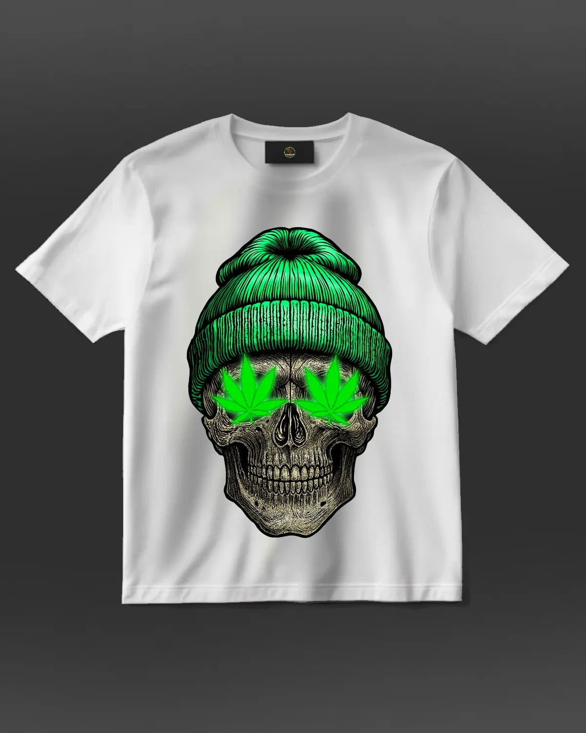 Skull with Weed Leafs Eyes T-Shirt by GrizzlySlapz | Stoner Art Cannabis Design | Black or White Adults Unisex XS-XXL