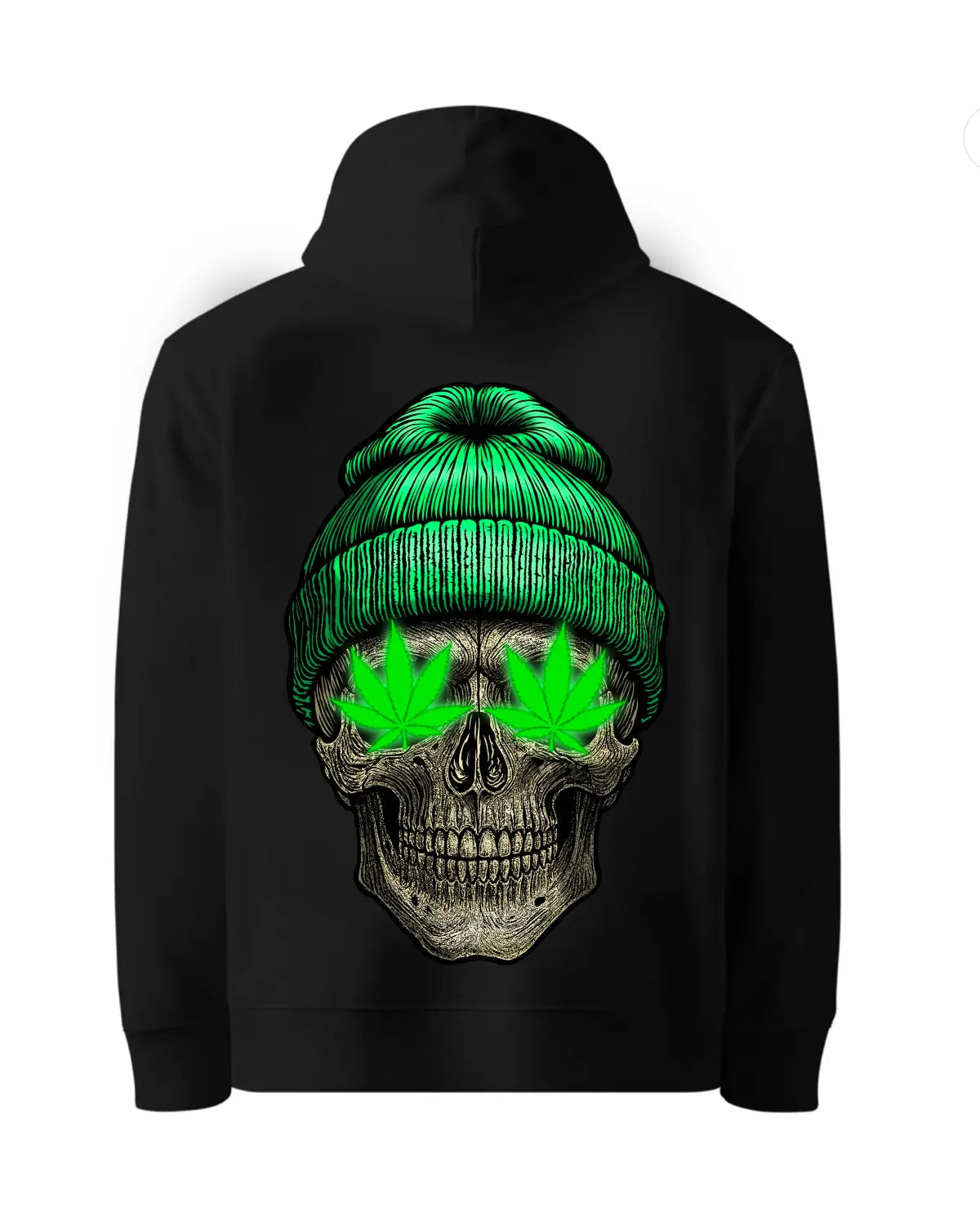 Skull with Weed Leafs Eyes Hoodie by GrizzlySlapz | Cannabis-Inspired Stoner Art Hoodie | Black or White Adults Unisex S-XXL