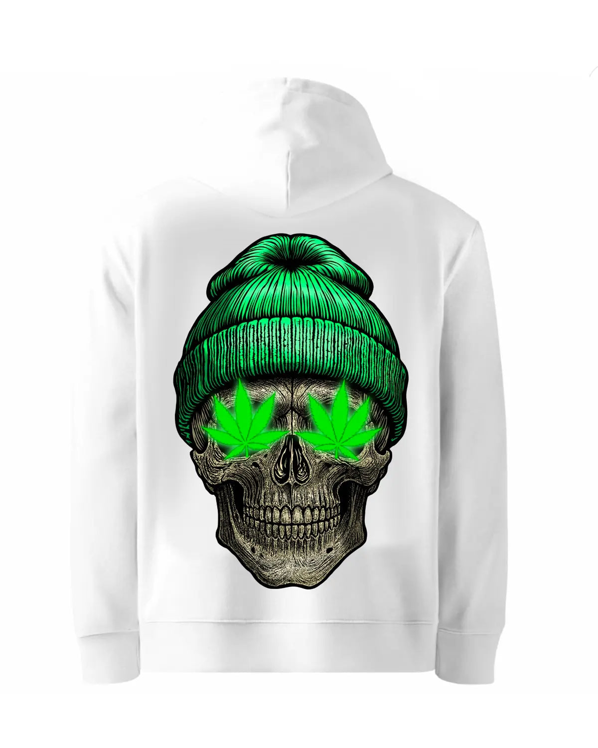 Skull with Weed Leafs Eyes Hoodie by GrizzlySlapz | Cannabis-Inspired Stoner Art Hoodie | Black or White Adults Unisex S-XXL