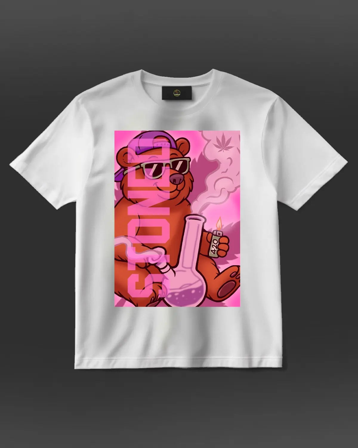 Stoned Grizzly Bear Smoking a Bong T-Shirt | Weed Design by GrizzlySlapz | Cannabis Streetwear for Adults (Black or White, Unisex)