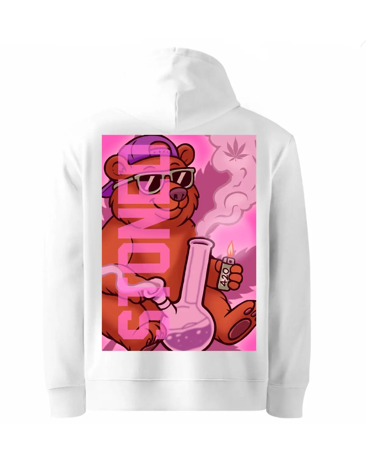 Stoned Grizzly Bear Smoking a Bong Hoodie | Weed Design by GrizzlySlapz | Cannabis Streetwear Pullover for Adults (Black or White, Unisex)
