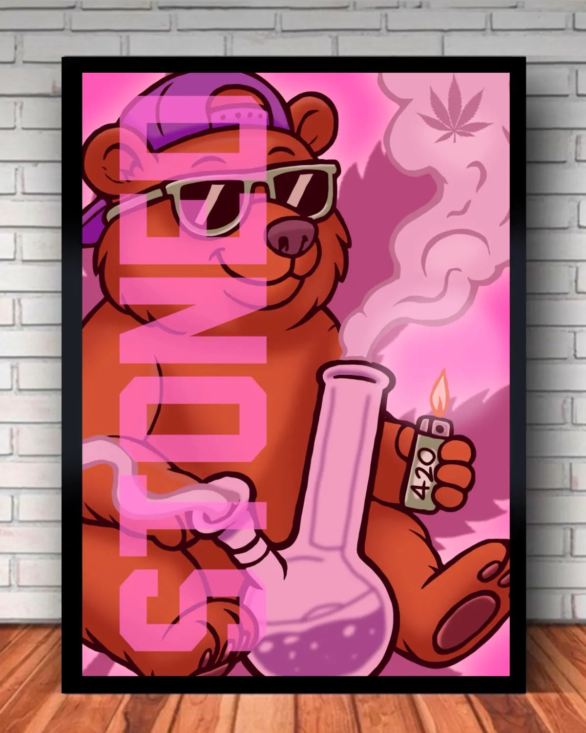 Stoned Grizzly Bear Smoking a Bong Canvas (Large 24x36”) | GrizzlySlapz Weed Art | 420 Wall Masterpiece