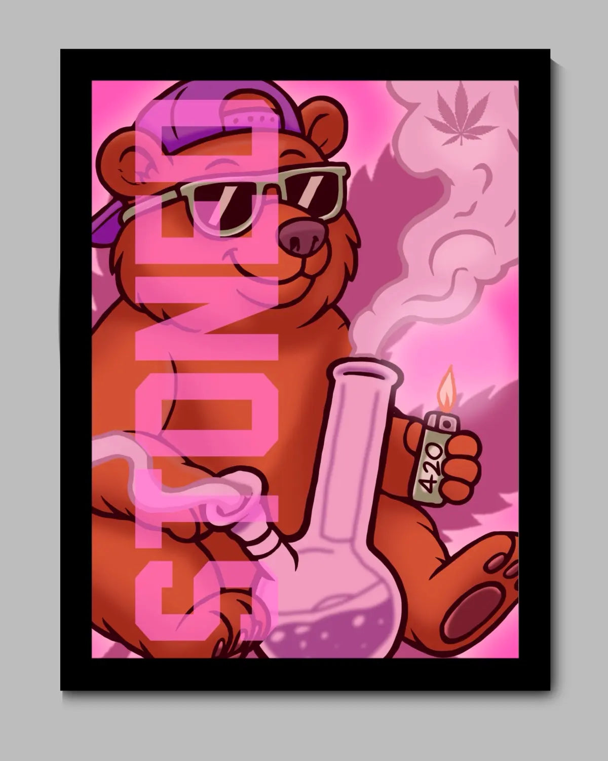 Stoned Grizzly Bear Smoking a Bong Canvas (Large 24x36”) | GrizzlySlapz Weed Art | 420 Wall Masterpiece