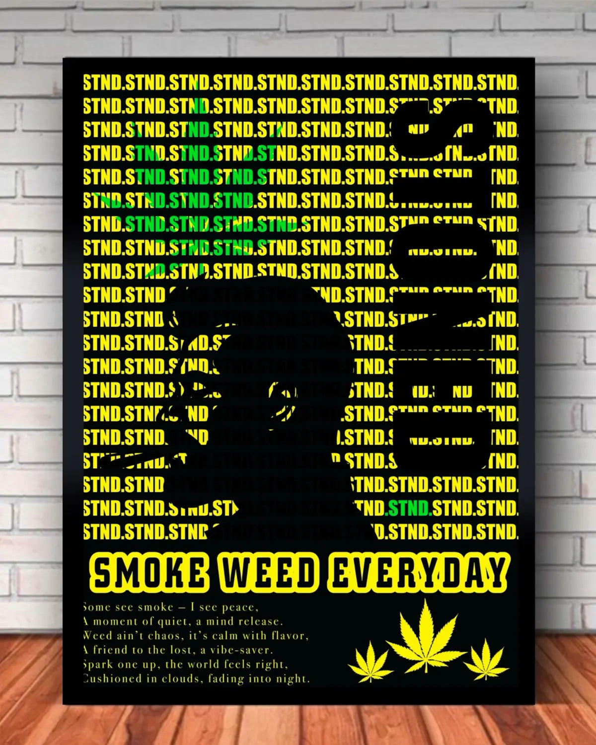 STND Stoned Large Canvas 24x36” | Weed Leaf Silhouette Art by GrizzlySlapz | Black Frame | Statement 420 Wall Decor