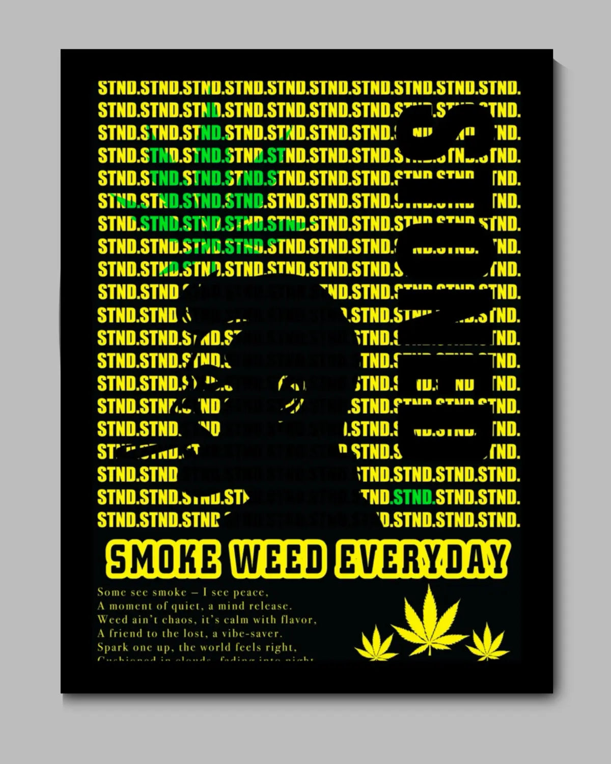 STND Stoned Large Canvas 24x36” | Weed Leaf Silhouette Art by GrizzlySlapz | Black Frame | Statement 420 Wall Decor