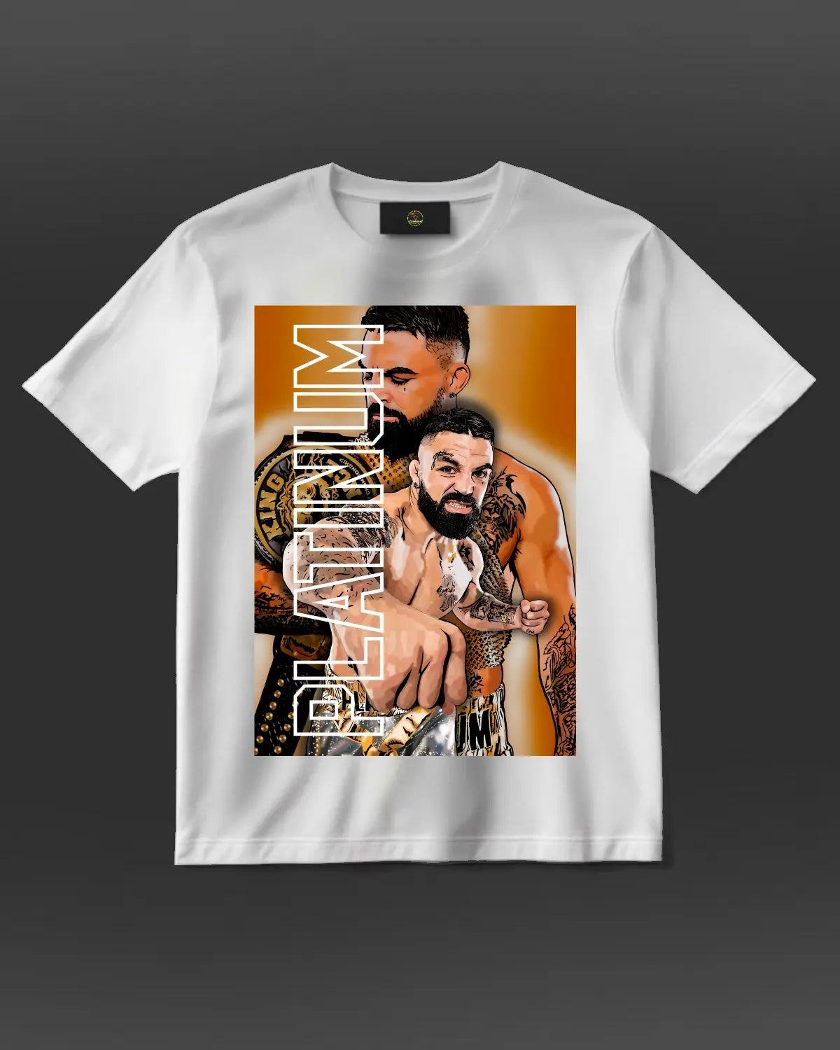 White t-shirt with a graphic design featuring two men and the word 'Platinum' on a dark background.