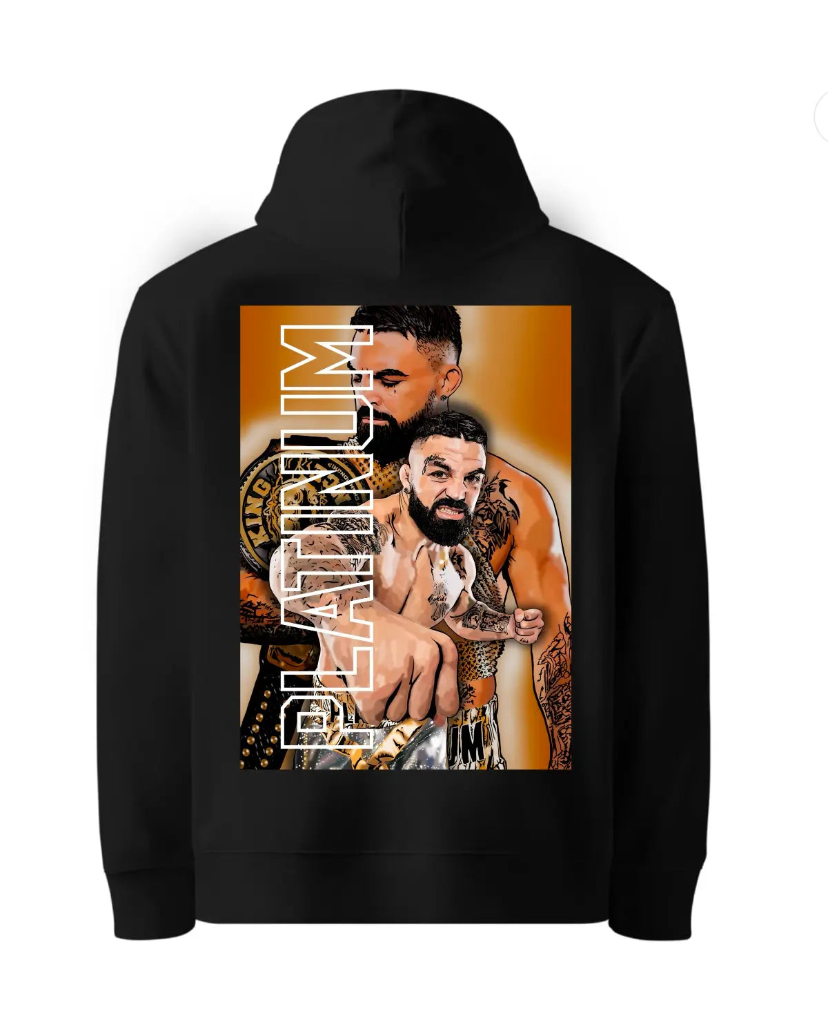 Black hoodie with a graphic design on the back featuring a person with tattoos and text.