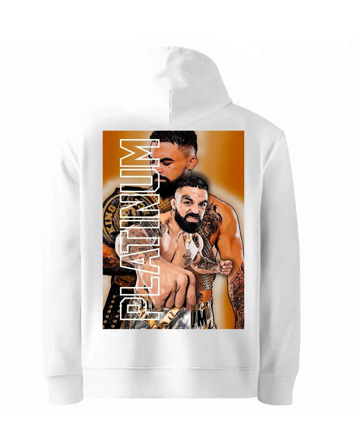 White hoodie with a graphic design on the back featuring a person holding a dog and the brand 'Polar'.