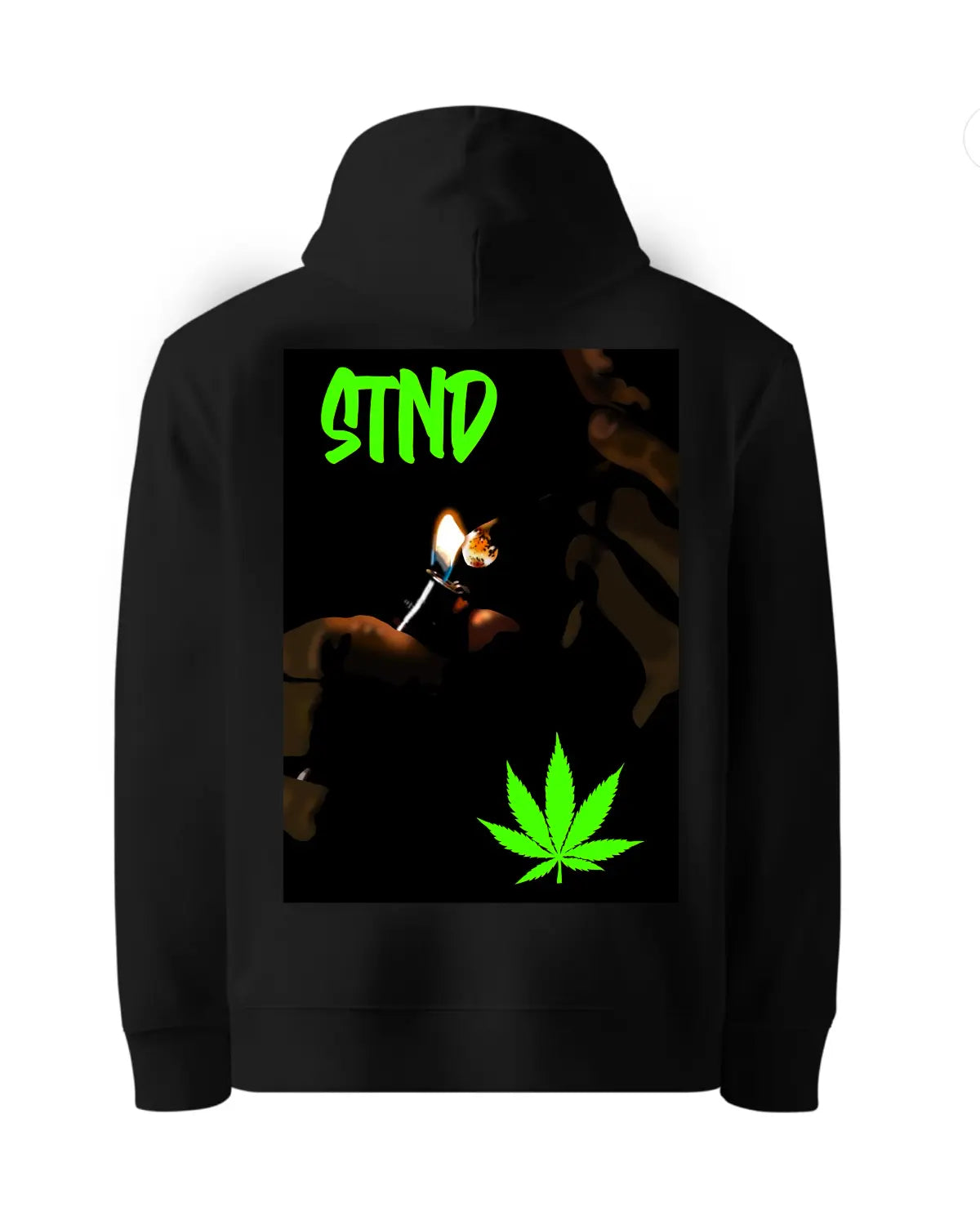 Black hoodie with a graphic design on the back featuring green text and a cannabis leaf.