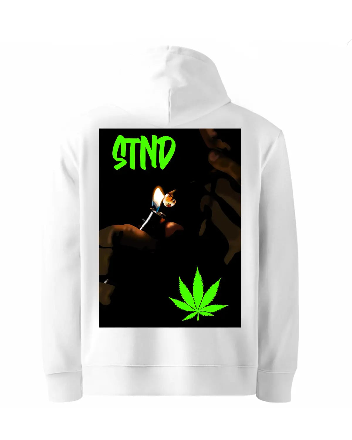 White hoodie with a graphic design featuring a smoking hand, leaf, and 'STND' text on a black background.