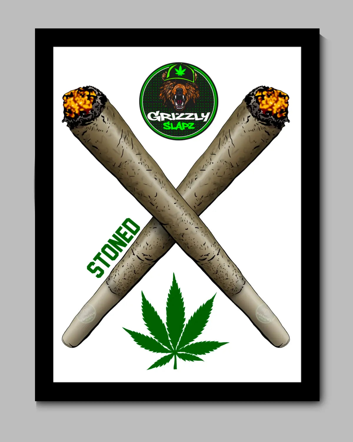 Spliff Cross & GrizzlySlapz Stoned Logo – 8x10” Black Framed Canvas | Weed Art by GrizzlySlapz