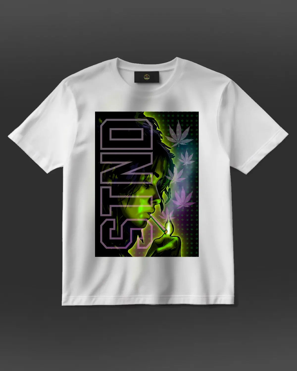 STND Woman Lighting a Joint – Green Hue Glow Weed Art T-Shirt | GrizzlySlapz | Black or White | Adults Unisex