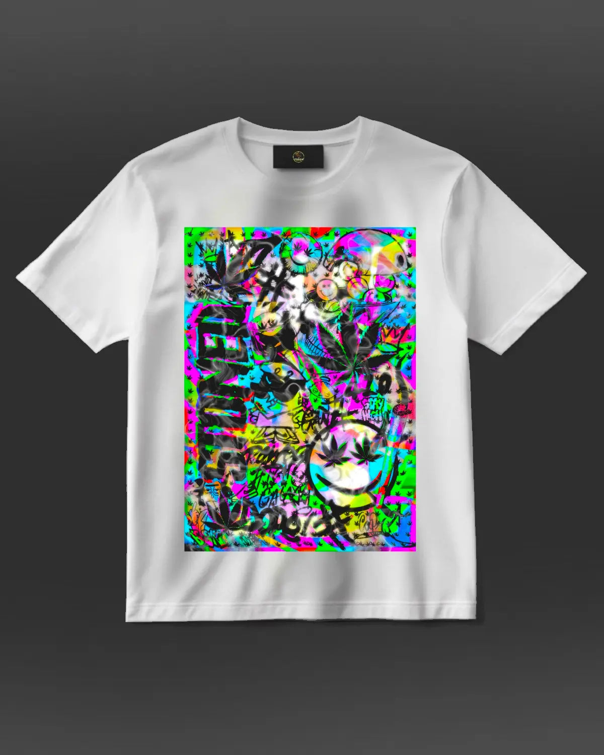 Stoned Trippy Weed Design T-Shirt by GrizzlySlapz – Psychedelic Cannabis Art Tee (Black or White, XS–XXL, Unisex Adults)
