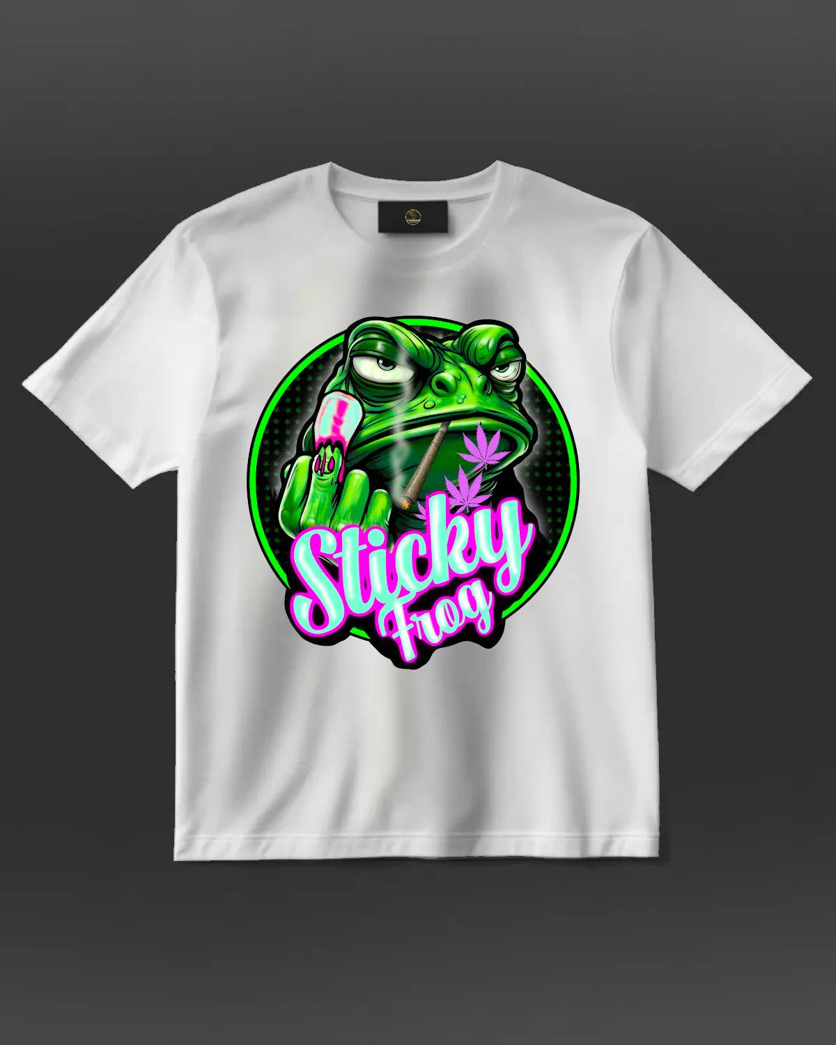 Sticky Frog Weed Strain T-Shirt – Trippy Amphibian THC Design by GrizzlySlapz | Black or White | Adults Unisex XS–XXL