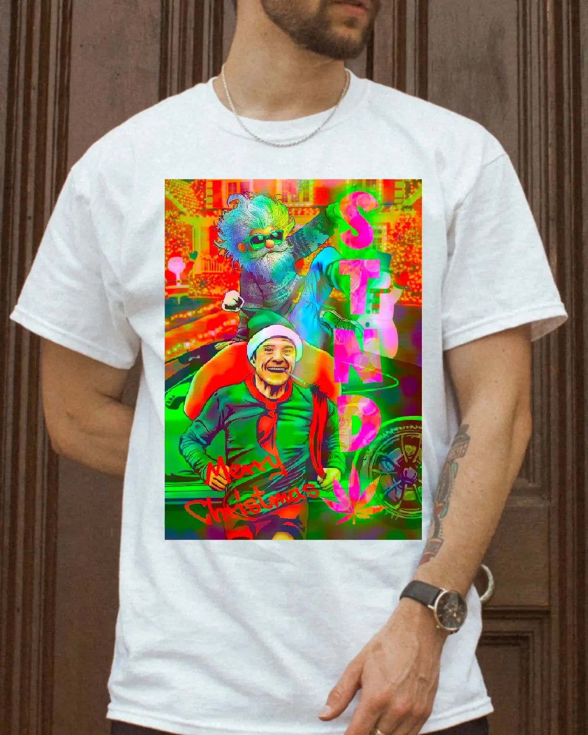 Stolen Santa’s Stash – Cheeky Elf Weed Chase Christmas T-Shirt by GrizzlySlapz (Unisex | Black or White | XS–XXL)