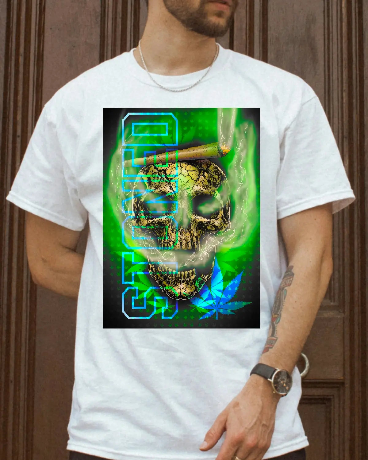 Stoned Smoking Skull Weed T-Shirt | Dark Cannabis Artwork by GrizzlySlapz