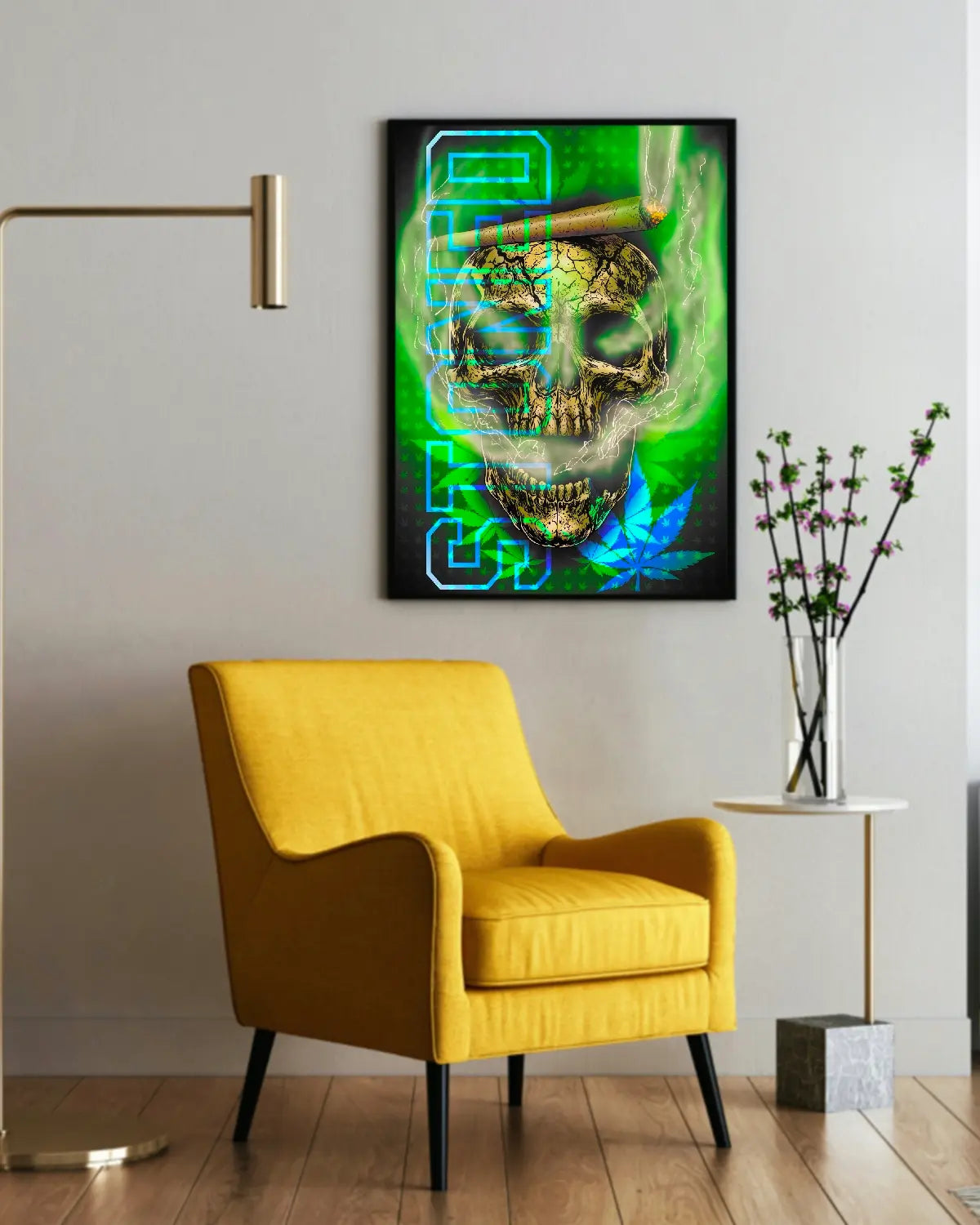 Stoned Smoking Skull Weed Canvas Wall Art – 24x36 | GrizzlySlapz