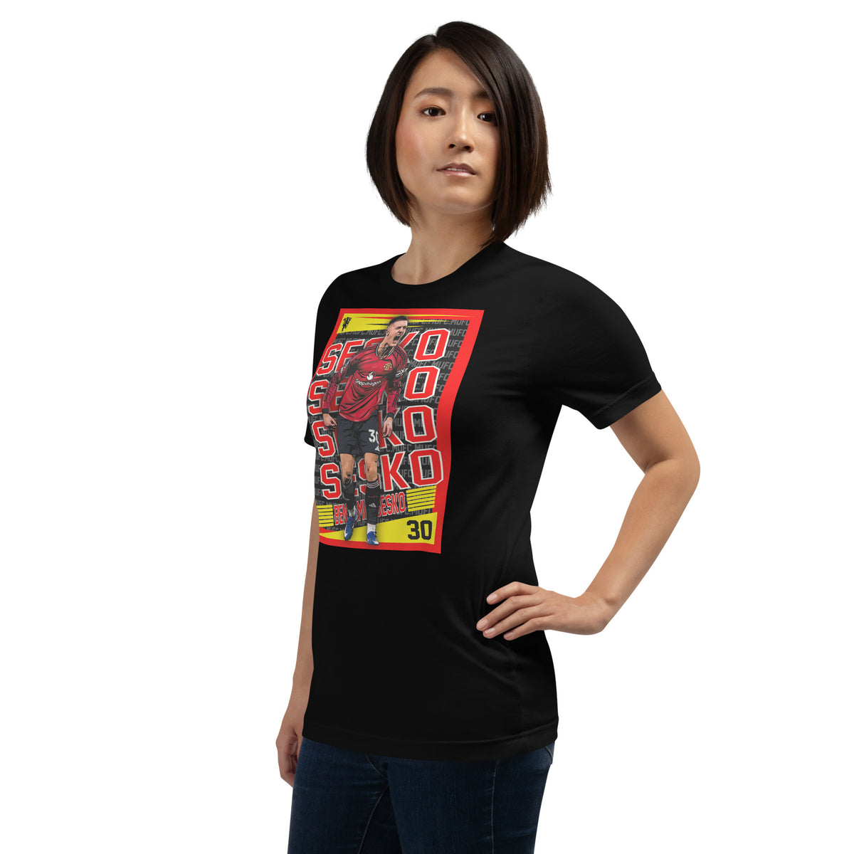 Benjamin Šeško Red Rising football graphic T-shirt in black – left-front angle