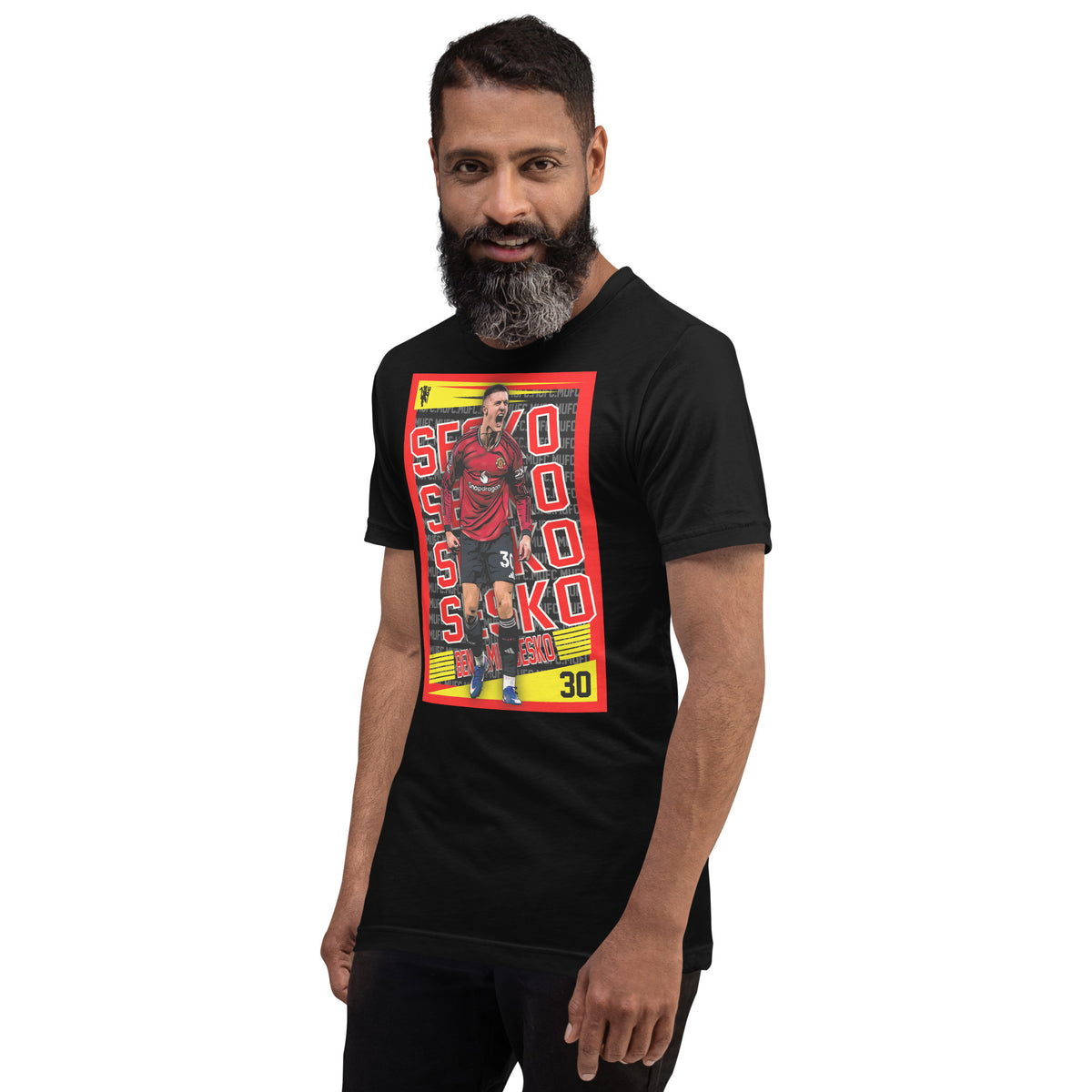 Benjamin Šeško Red Rising football graphic T-shirt in black – left-front angle
