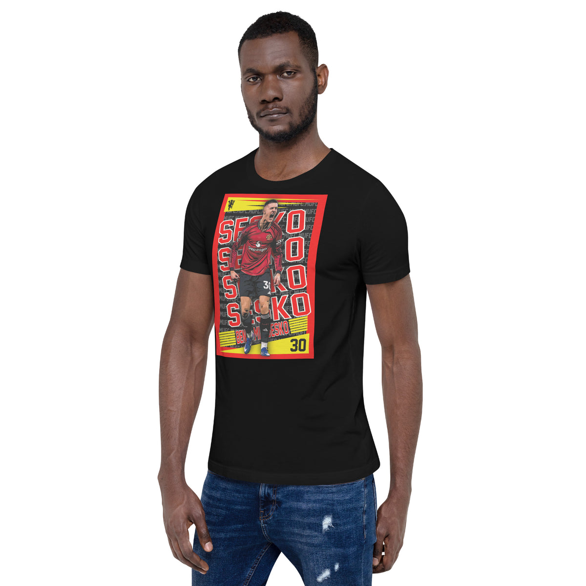 Benjamin Šeško Red Rising football graphic T-shirt in black – left-front angle