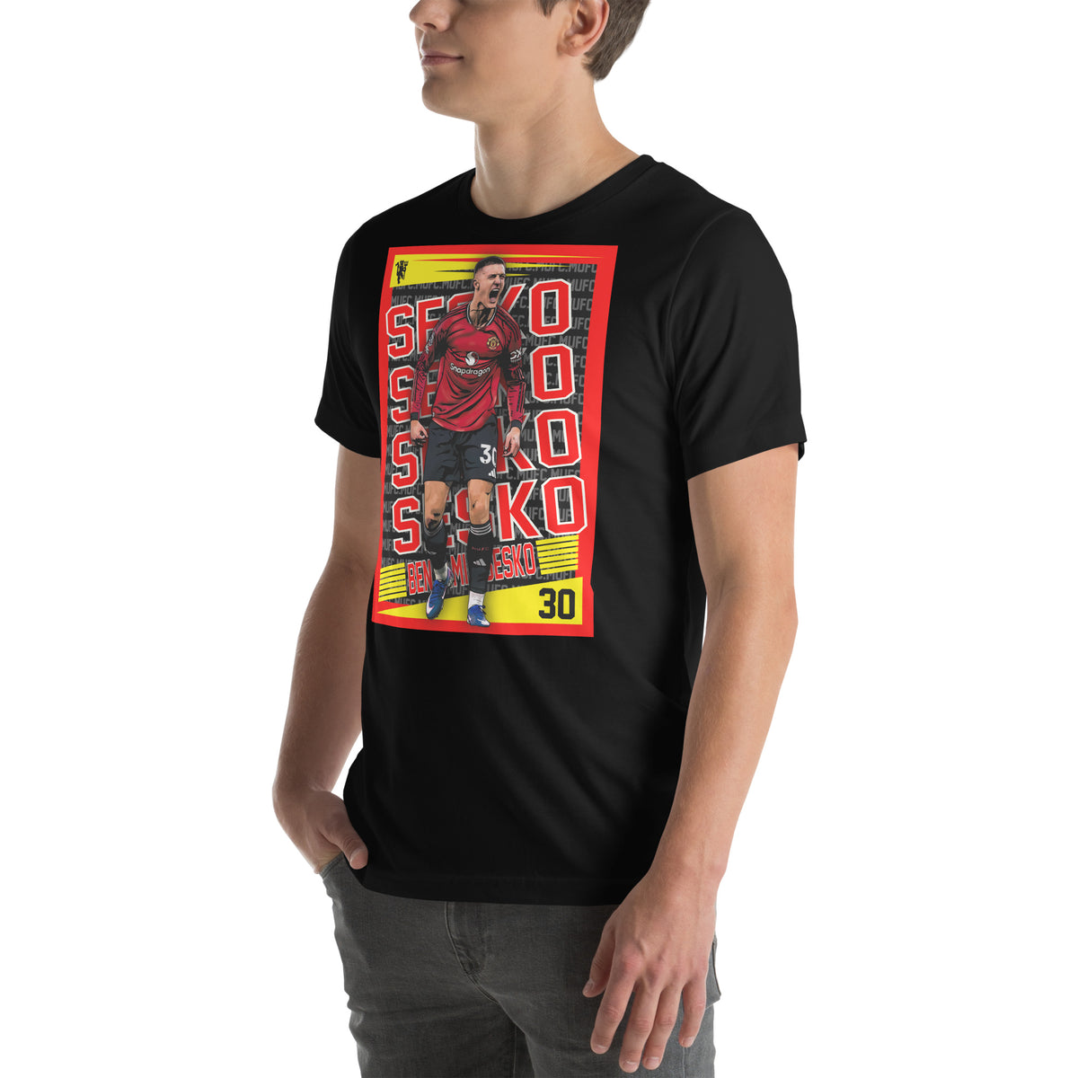 Benjamin Šeško Red Rising football graphic T-shirt in black – left-front angle