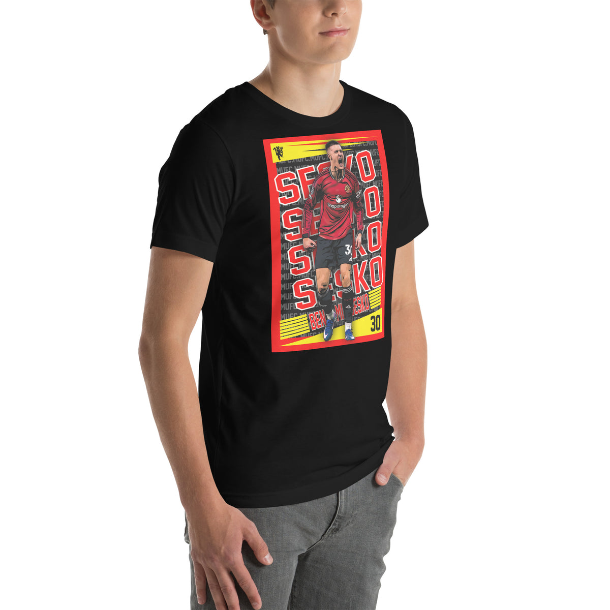 Benjamin Šeško Red Rising football graphic T-shirt in black – right-front angle
