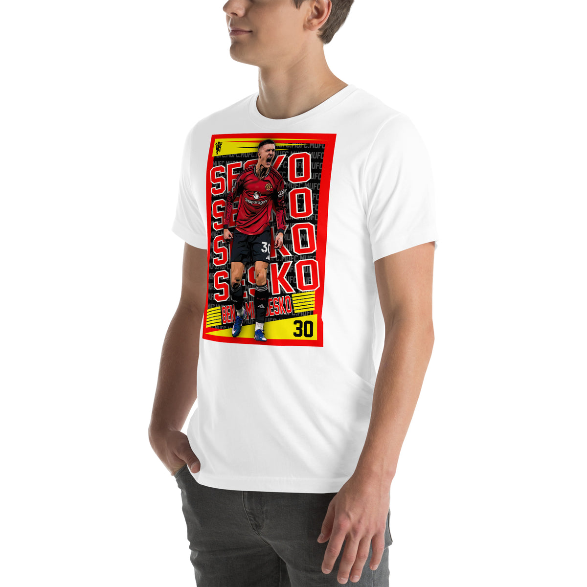 Benjamin Šeško Red Rising football graphic T-shirt in white – left-front angle