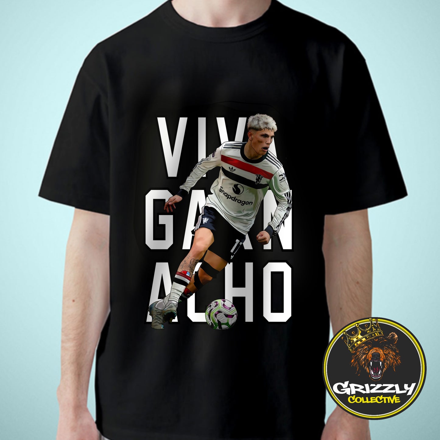 Black Viva Garnacho Manchester United T-Shirt by GrizzlyGFX