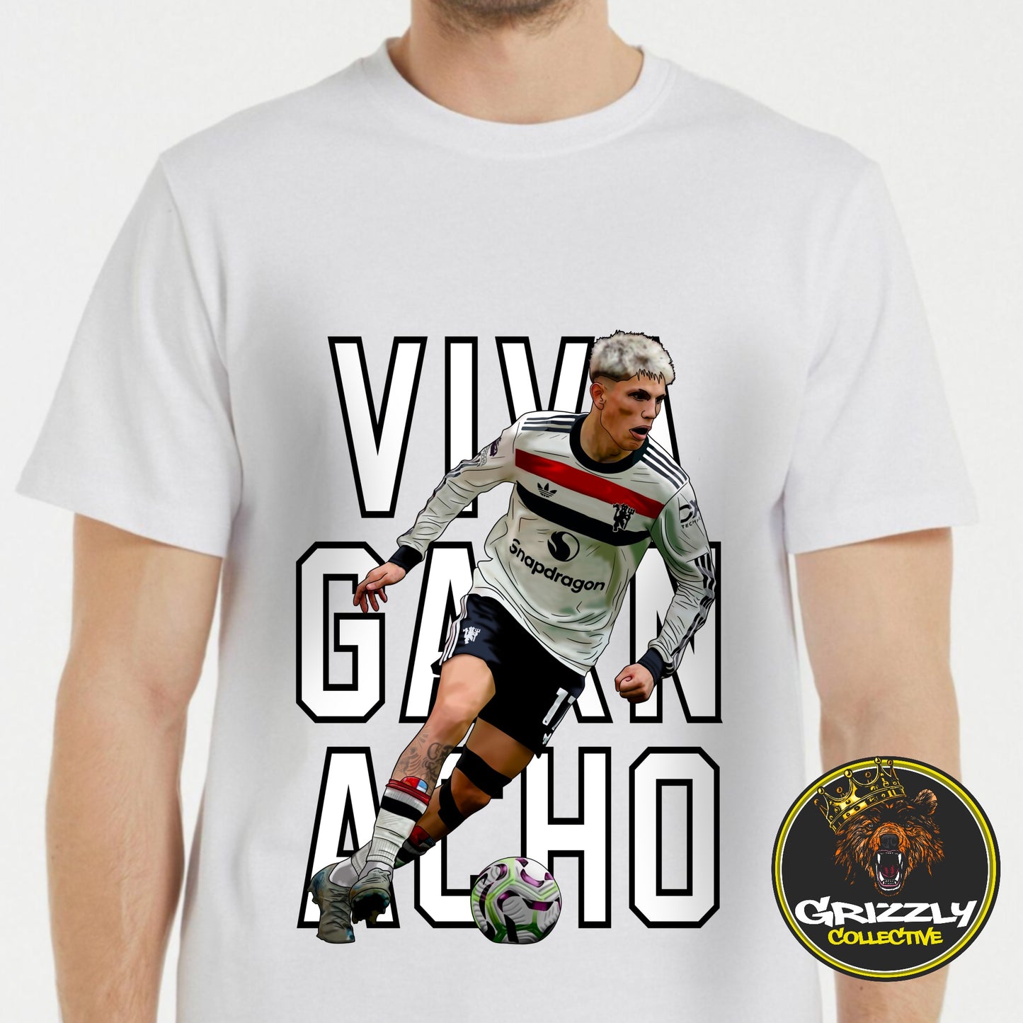 White Viva Garnacho Manchester United T-Shirt by GrizzlyGFX