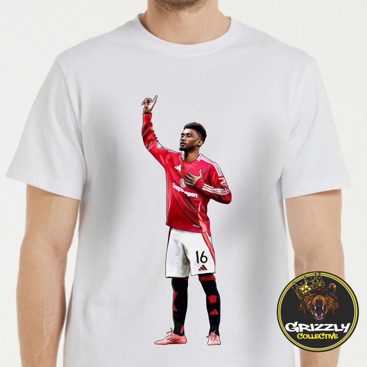 White Amad Diallo Goal Celebration Praise T-Shirt by GrizzlyGFX