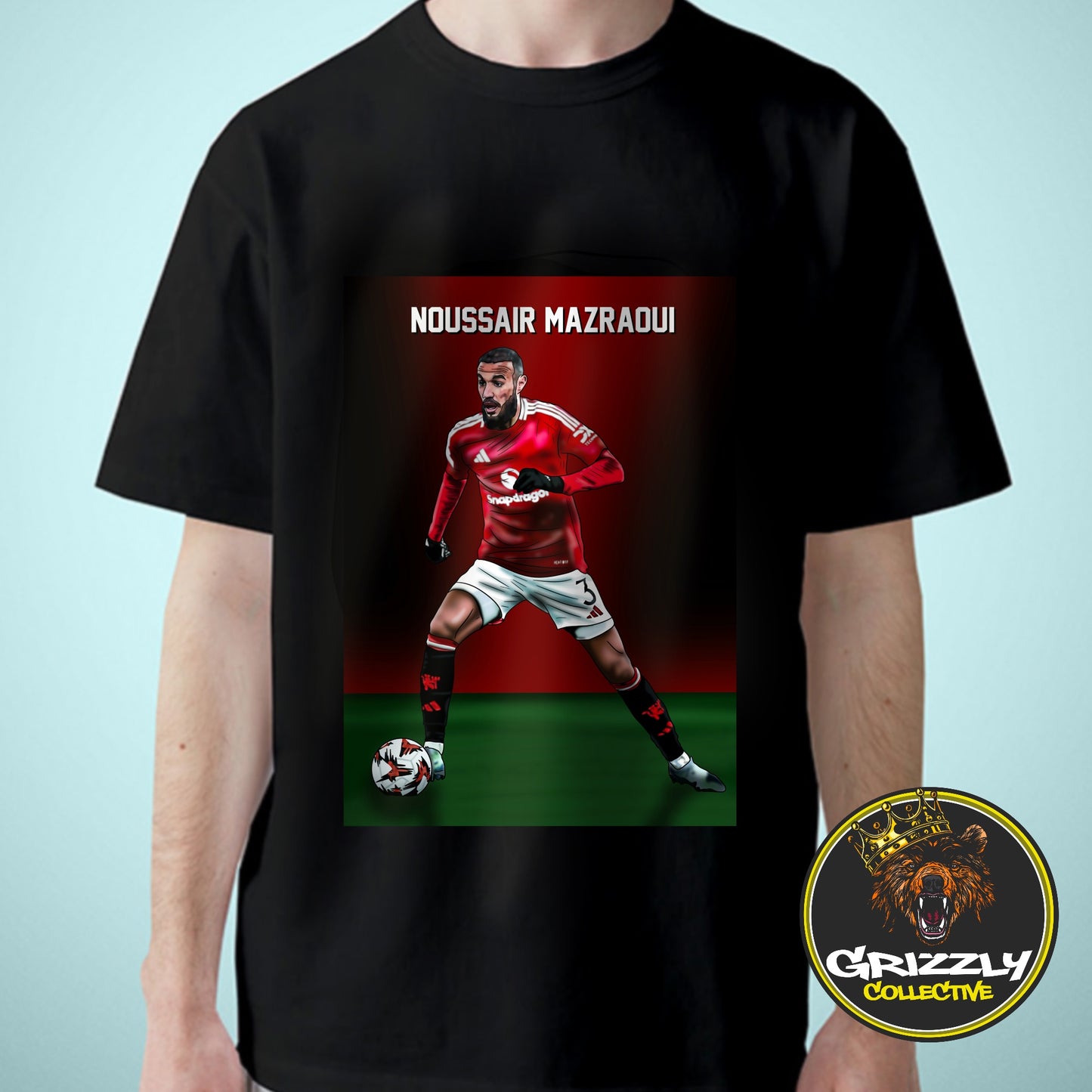 Black “Noussair Mazraoui Manchester United #3” T-Shirt by GrizzlyGFX