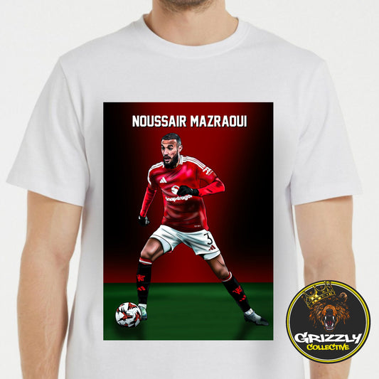 White “Noussair Mazraoui Manchester United #3” T-Shirt by GrizzlyGFX