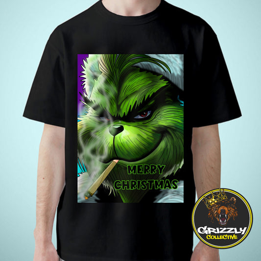 Black “Merry Christmas Grinch Smoking a Joint” T-Shirt by Grizzly SLAPZ