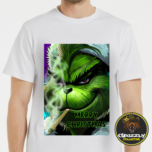 White “Merry Christmas Grinch Smoking a Joint” T-Shirt by Grizzly SLAPZ