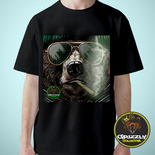 Black “Stoner Grizzly Bear Smoking a Joint” T-Shirt by Grizzly SLAPZ