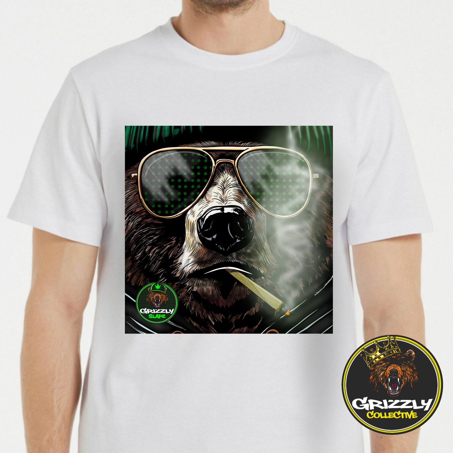 White “Stoner Grizzly Bear Smoking a Joint” T-Shirt by Grizzly SLAPZ