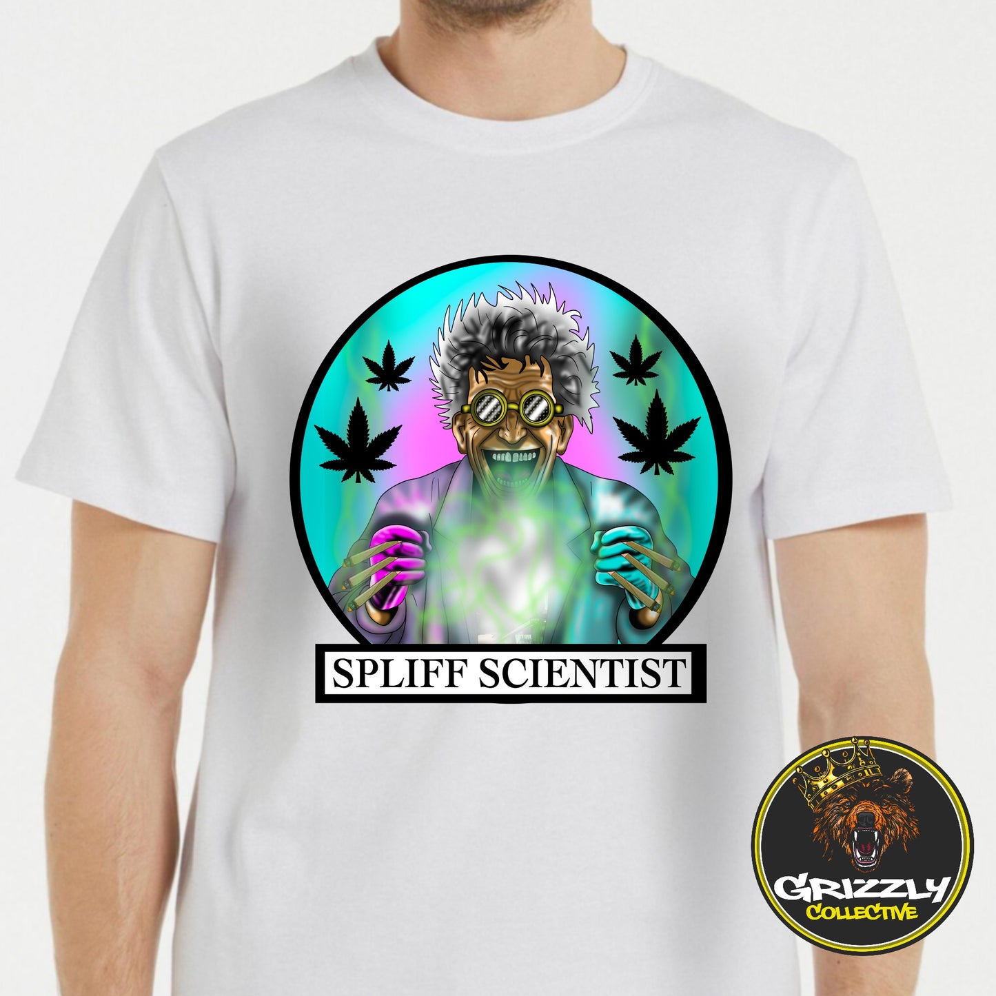 White “Spliff Scientist Weed Logo” T-Shirt by Grizzly SLAPZ