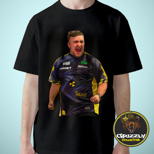 Black “Luke ‘The Nuke’ Littler” T-Shirt by GrizzlyGFX