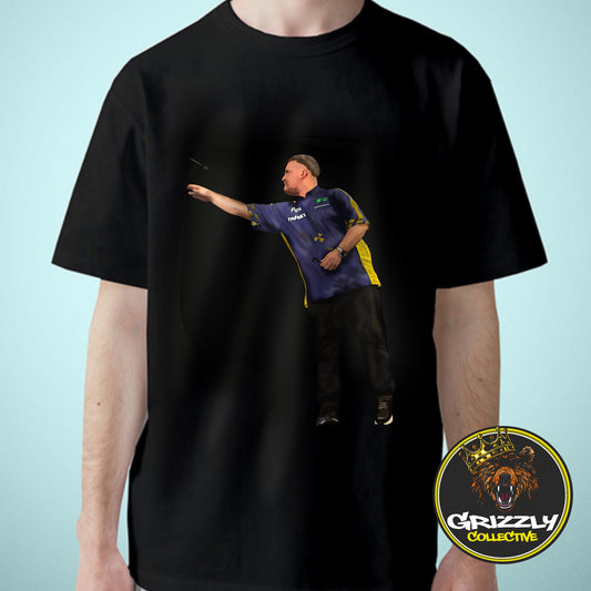 Black “Luke Littler Throwing Dart” T-Shirt by GrizzlyGFX