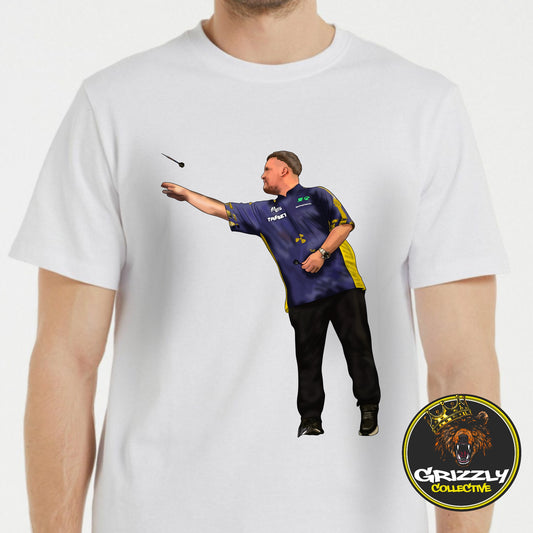 White “Luke Littler Throwing Dart” T-Shirt by GrizzlyGFX