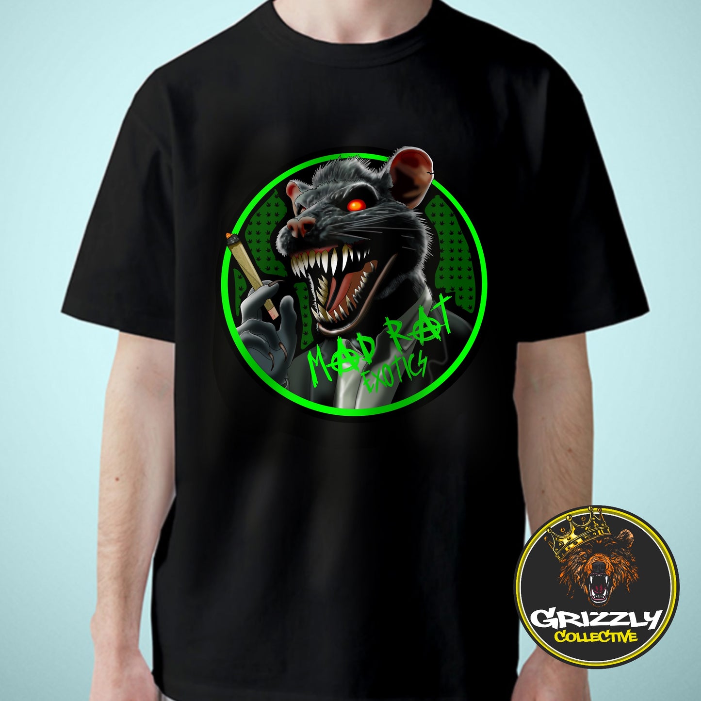 Black “Mad Rat Exotics Weed Logo” T-Shirt by Grizzly SLAPZ