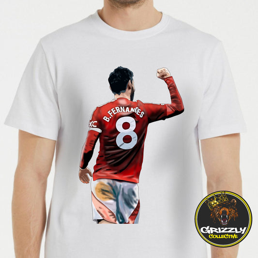 White “Bruno Fernandes Goal Celebration” T-Shirt by GrizzlyGFX