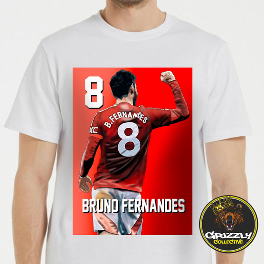 White “Bruno Fernandes Manchester United #8” T-Shirt by GrizzlyGFX