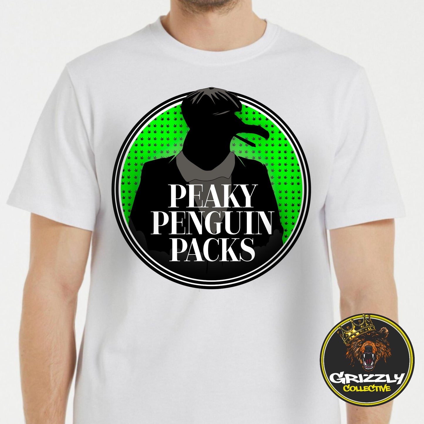 White “Peaky Penguin Packs Weed Logo” T-Shirt by Grizzly SLAPZ