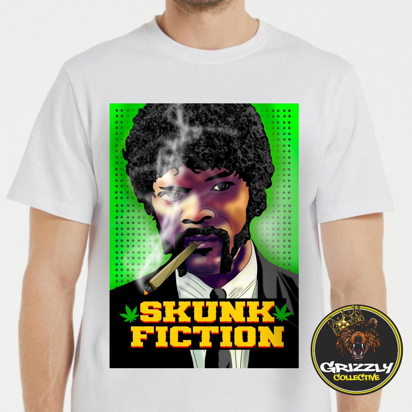 White “Skunk Fiction Weed Design” T-Shirt by Grizzly SLAPZ