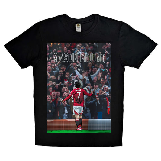 Black or white T-shirt featuring energetic artwork of Mason Mount celebrating in a Manchester United kit, capturing his passion and drive — a bold design for dedicated Red Devils supporters.