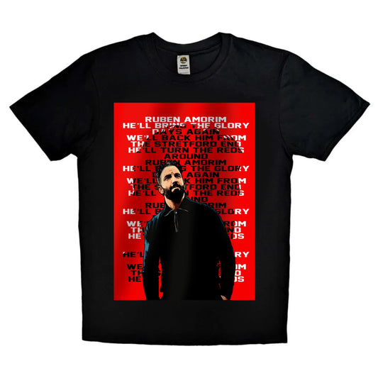 Black or white T-shirt featuring bold artwork of Ruben Amorim, linked with Manchester United, styled in club colors with confident pose and strategic flair — a tribute to the potential future manager and tactical mastermind.