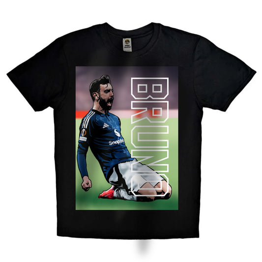 Black or white T-shirt featuring powerful artwork of Bruno Fernandes in full Manchester United kit, wearing the captain’s armband, with bold text like ‘United Hero’ — a must-have for loyal Red Devils fans.