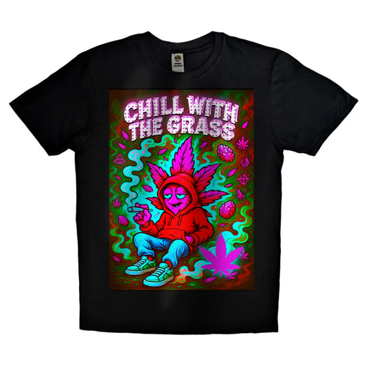 Black or white T-shirt featuring a relaxed, playful design with the phrase ‘Chill With the Grass’ alongside cannabis leaves, smoke, and laid-back vibes — perfect for stoners and weed lifestyle fans.