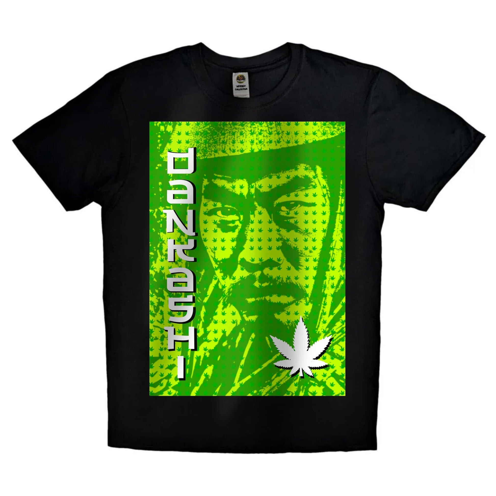 Black or white T-shirt featuring ‘DANKASHI,’ a unique weed-smoking samurai character with a joint in hand, blending traditional warrior aesthetics with stoner vibes — a bold, creative design for cannabis fans and streetwear lovers.
